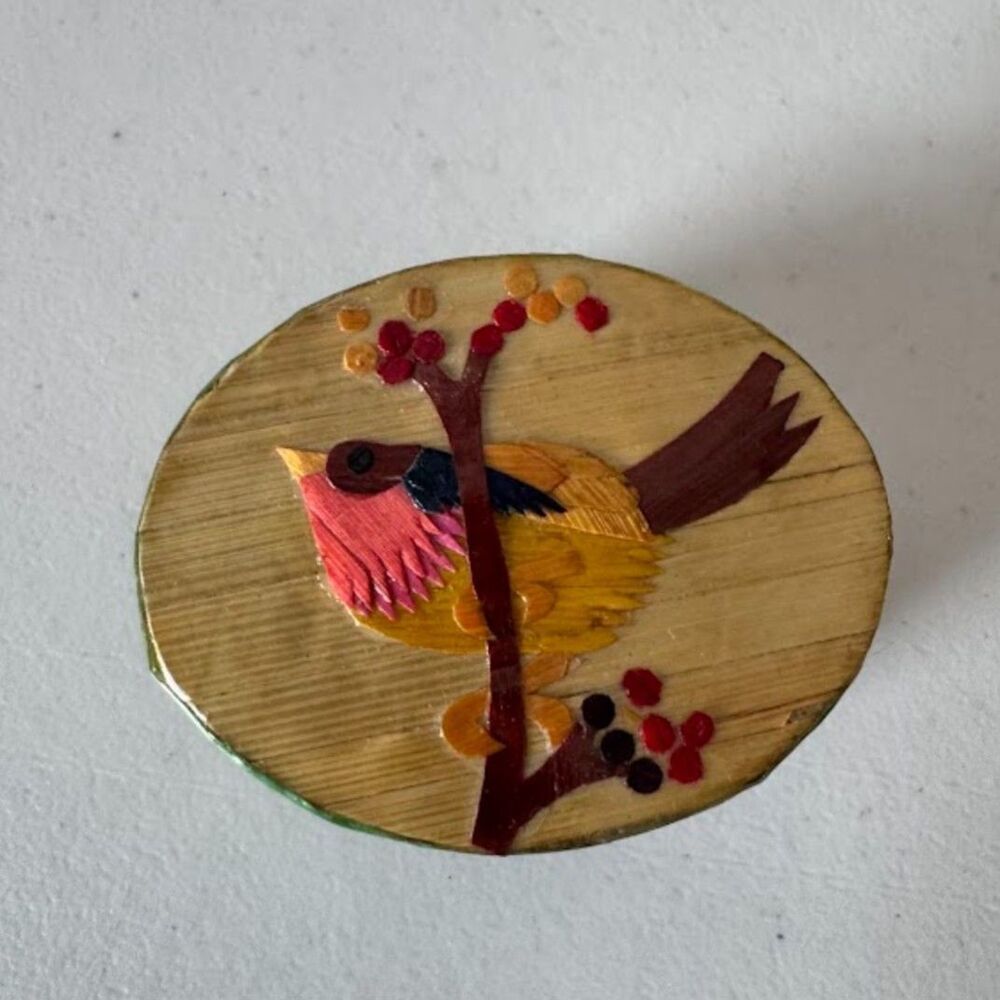 Vintage Straw Marquetry Bird Trinket Box Colorful Folk Art Design Mid-Century
